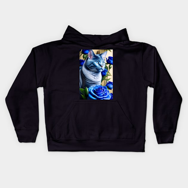 Fine Art Print Featuring a Beautiful British Shorthair and Blue Rose Kids Hoodie by Enchanted Reverie